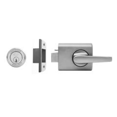 RIMLOCK D/LATCH LEVER SGL CYL OPEN OUT TIMBER STRIKE SATIN CHROME PEARL